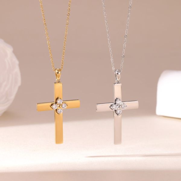 Stainless Steel Cross Pendant Necklace with Clear Zircon Stone Flower