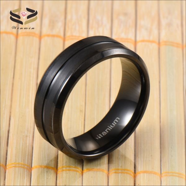Single Groove Wedding Titanium Rings Black Matte Finished 8mm For Men