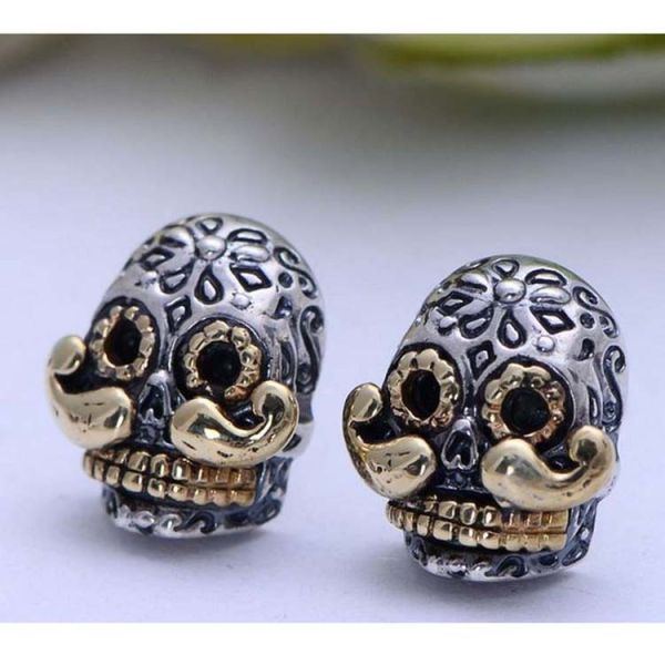 Retro Womens Jewelry Two Tone Silver Skull Stud Earrings(XH055010W)