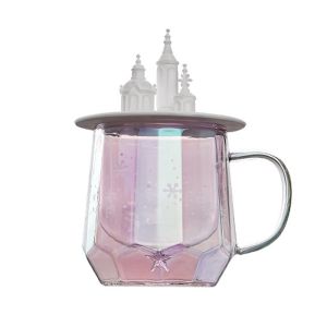 China Pink Borosilicate Double Wall Personalized Glass Cup Castle Shape 300ml on sale