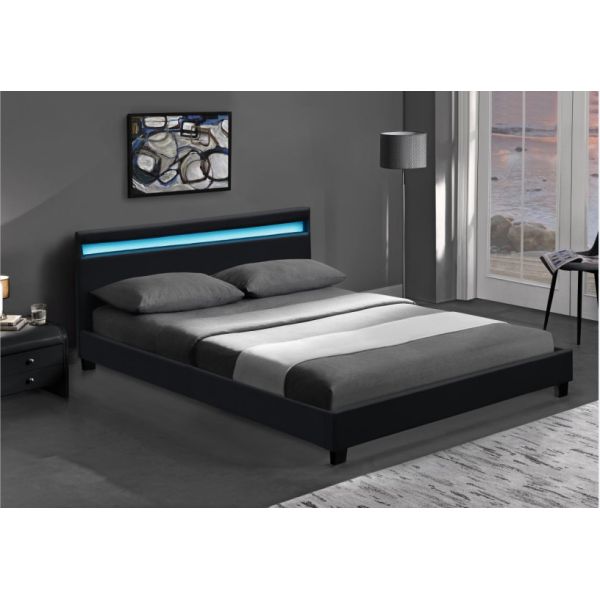 Wooden Double LED Upholstered Bed Black White With Headboard Led Lights