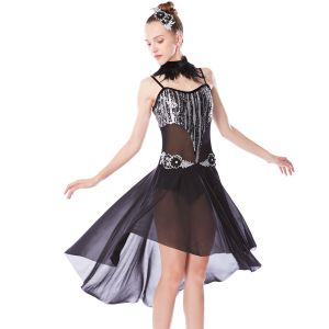 MiDee Lyrical Dress Modern Dance Costumes Heavy Sequins Silver/Back With Feather