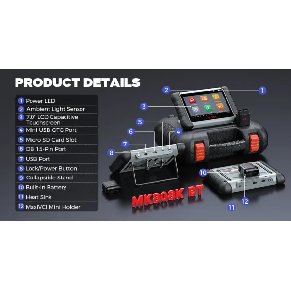 Autel MaxiCOM MK808KBT PRO OBD2 Scanner Automotivo Car Diagnostic Scan Tool MK808K-BT OBD 2 Code Reader Key Coding Activ