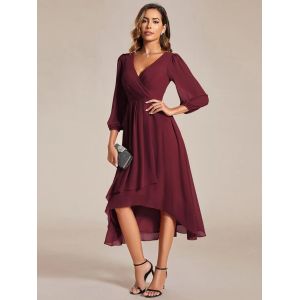 Elegant Empire Long Sleeve V-neck High Low A-line Ruffled Midi Burgundy Chiffon
