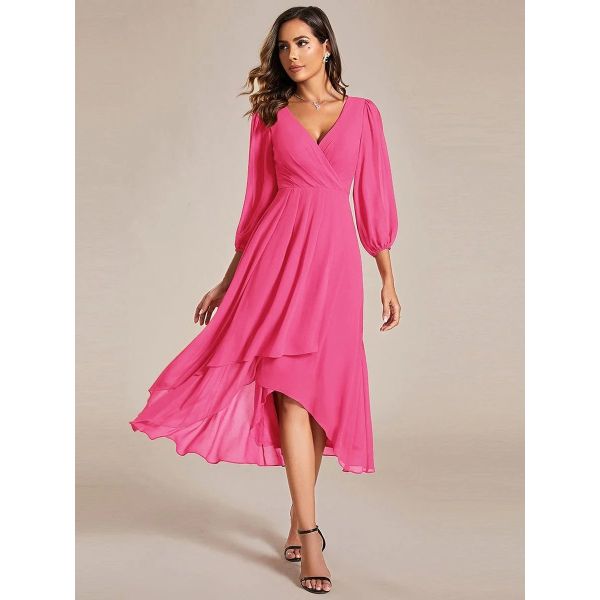 Elegant Empire Long Sleeve V-neck High Low A-line Ruffled Midi Hot Pink Chiffon Wedding Guest Party Dress
