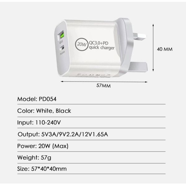 20w Qc3.0 + Pd Fast Charger Dual Port Standard AC Adapter (USB Type-C) 2.4a Usb Quick Type C Charger Adapter