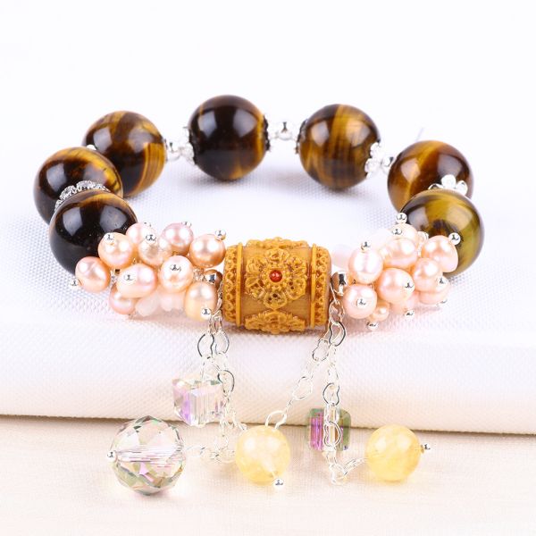 Natural 14MM Gorgeous Tiger Eye And Flower Fresh Water Pearl With Dangle Chain Bead Bracelet