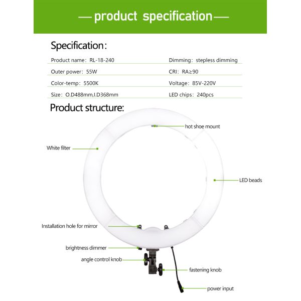 55W 5500K 18inch Dimmable LED Ring Light Kit with Carry bag, Light Stand for Video Photography Blogging Portrait