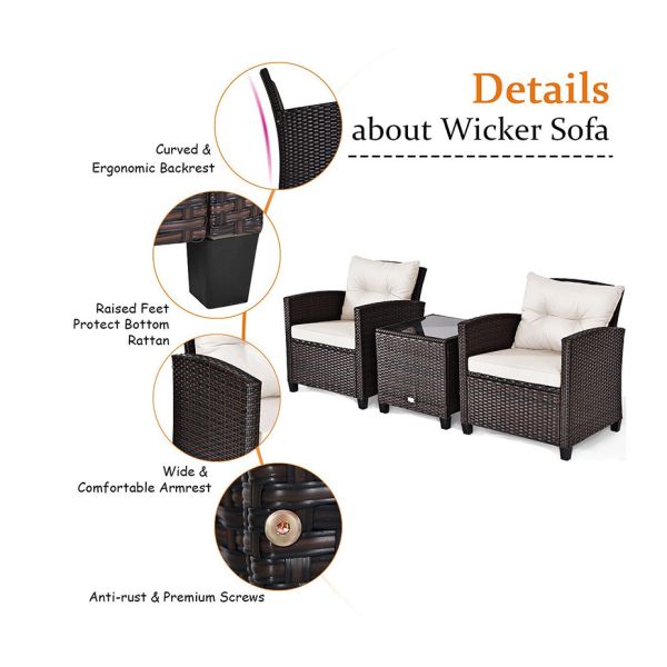 3pc Patio Wicker Bistro Conversation Patio Balcony Poolside-2 Cushioned Armchairs Glass Topped Table Outdoor Rattan Sofa