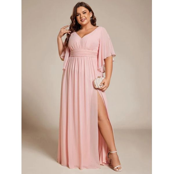 Empire Plus Size V-neck Ruffled A-line Invisible Zipper Half Flutter Sleeves Pink Chiffon Evening Dress