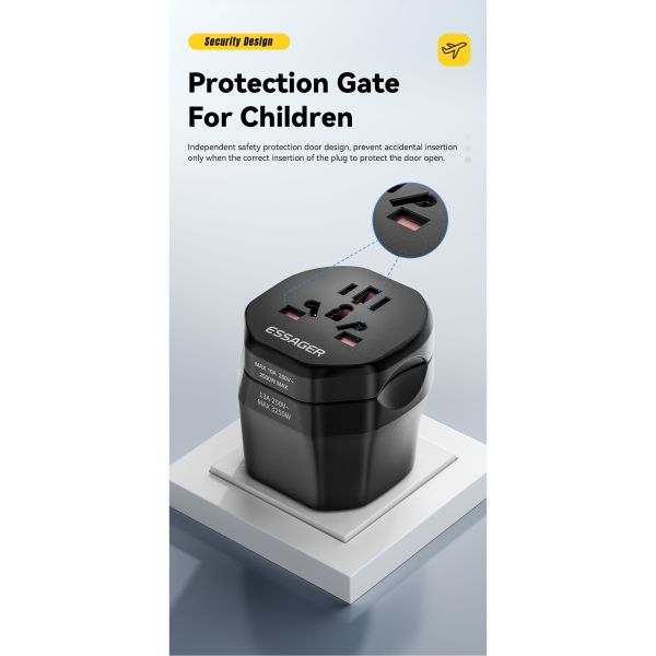 Black Travel Power Adapter ESSAGER WL-033-WL-09 Series EU UK to Universal UK to EU