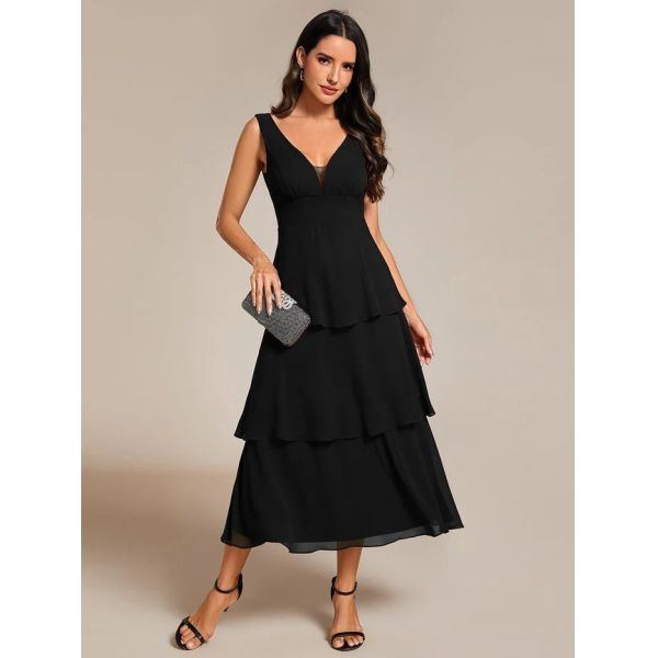 Multi-layered Hem V-neck Sleeveless A-line Black Chiffon Wedding Guest Dress Cocktail Dresses