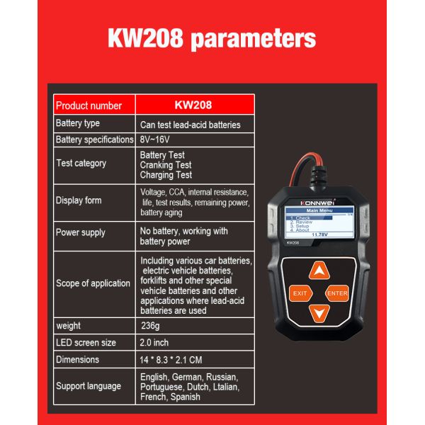 CE certified Konnwei KW208 100-2000cca Digital Battery Tester For 12V Cars