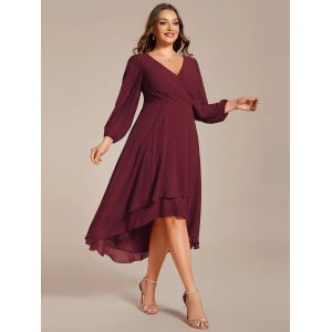 Plus Size Ruffled A-line Long Sleeve V-neck High Low Wedding Guest Dark Purple