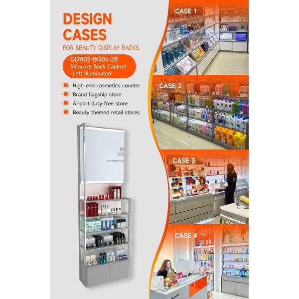 GDR02-BG05-28 Left Illuminated Skincare Display Cabinet with 60mm Soft Film Light Box and Grey Edge Banding for Fashion Boutiques