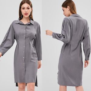 China Fall Clothing Womens Midi Double Slit Shirt Dress Long Sleeve on sale