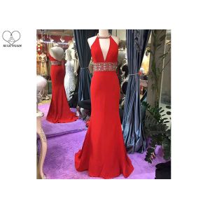 Hanging Neck Red Mermaid Style Prom Dress Top Beading Deep V Neck Backless