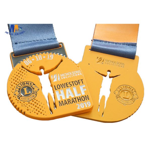 Round Custom Sports Medals / Spray Yellow Cut Out And Soft Enamel Medailles With Heat Transfer Ribbon
