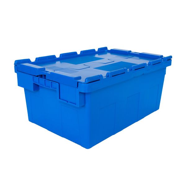 Buy 600x400x260mm Foldable Blue Plastic Moving Crate for Transport Warehouse Attached Lid at wholesale prices