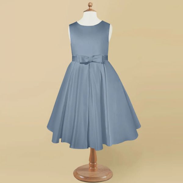 Lovely Girl Kids Dress Blue Satin OEM ODM Baby Flower Girl Dresses Sleeveless Round Neckline Knee-length Ruffles Ball Go