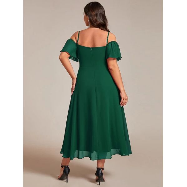 Empire Off-shoulder Spaghetti Strap Zipper High-low Wedding Guest Short Sleeves Dark Green Chiffon Homecoming Dress