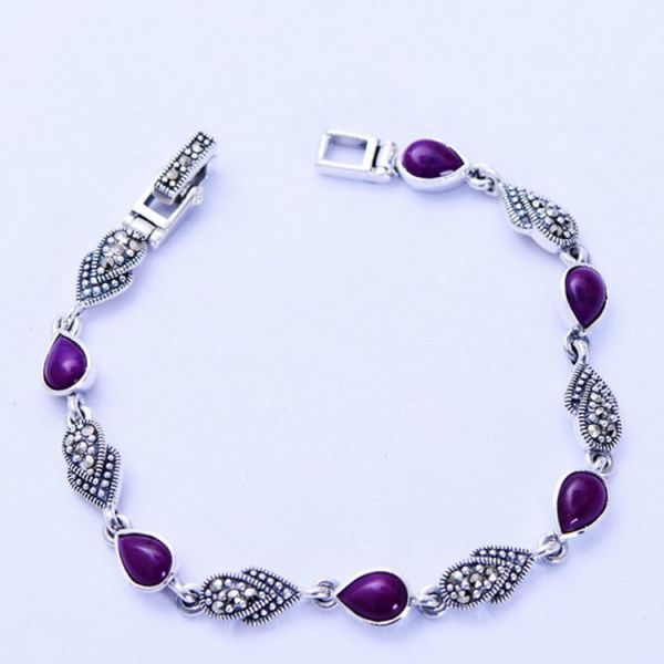 Thai 925 Vintage Sterling Silver Synthetic Sugilite Tennis Bracelet (XH052535W)