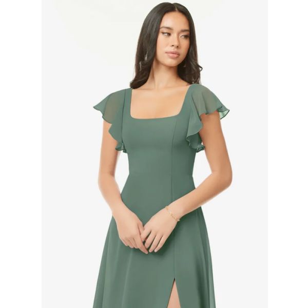 New Arrived Summer Flowy Ruffled Chiffon Long Evening Dress Cap Sleeve Square Neck Ruched