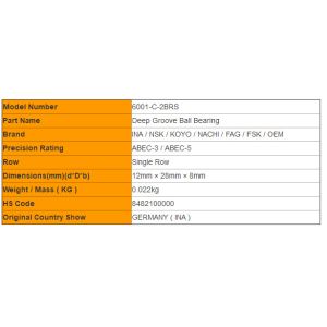 Nylon Cage 6001-C 2BRS INA Deep Groove Ball Bearing with Labyrinth Seal