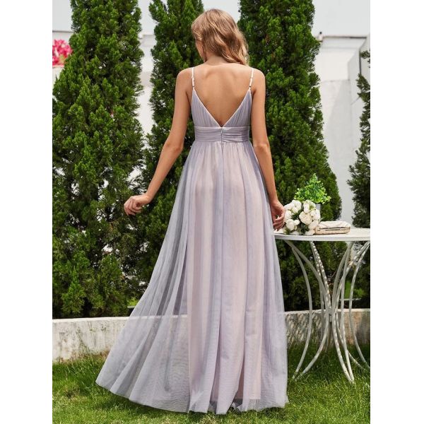 Ruffle Spaghetti Strap Empire Pleated Sleeveless A-line Backless Grey Bridesmaid Dress