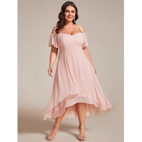 Empire Off-shoulder Spaghetti Strap Zipper High-low Wedding Guest Dresses Short Sleeves Burgundy Chiffon Evening Dress