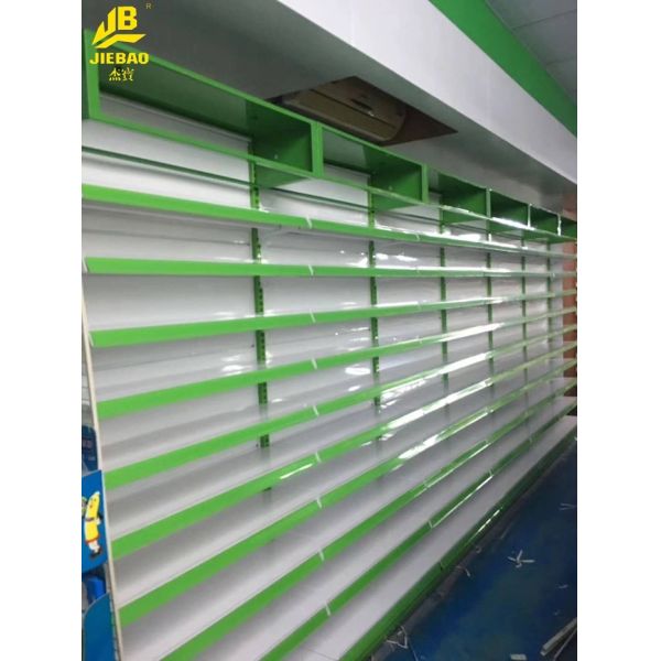 Perforated Backing Grocery Display Racks With Light Box Cabinets Green Color