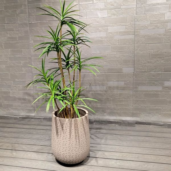 Light Grayish White Repetitive Geometric Pattern Round Fiber Clay Planter Architectural Landscaping Design