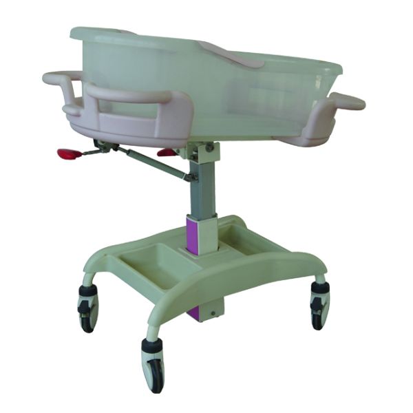 1)4 castors with cross brakes. 2)The color is warm and comfortable, the two side palisade type activity switch can be graded to adjust, effective prevent the child accidentally to fall the bed. 3)High strength transparent baby basin, the whole car looks beautiful, generous, practical. 4)The airpull regulates the whole baby basin . 5)Gas spring lifting device can adjust the vertical position.convenient of the communication between the mother and baby