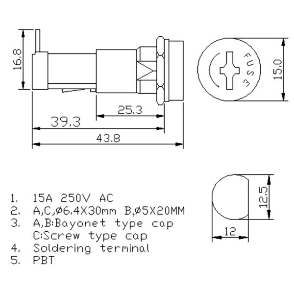 Panel Mount Bayonet Fuse Holder H3-9 250V 15A AGC Fuse Holder 6x30 6x32mm