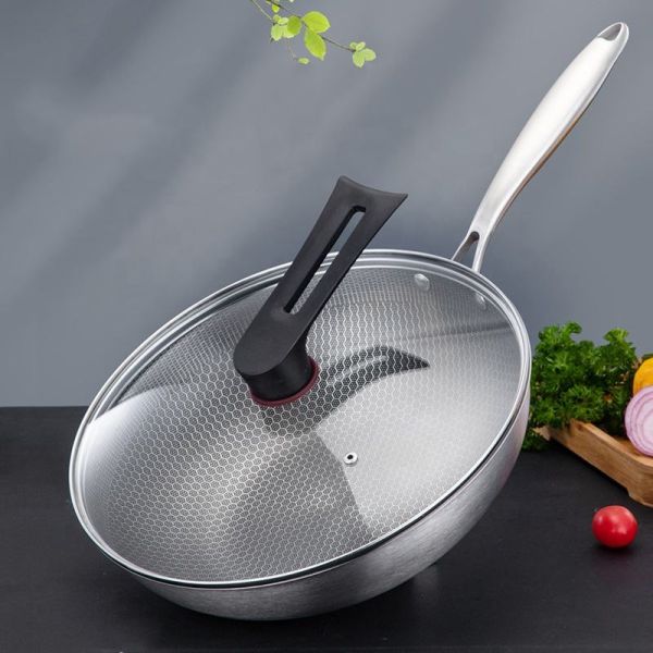 High Capacity Honeycomb Kitchen Frypan Non Stick Stainless Steel With Lid