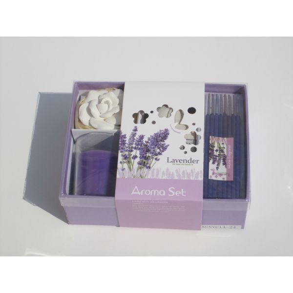 Buy Purple lavender fragrance scented pillar candle and rose candle with printed label packed into gift box at wholesale prices