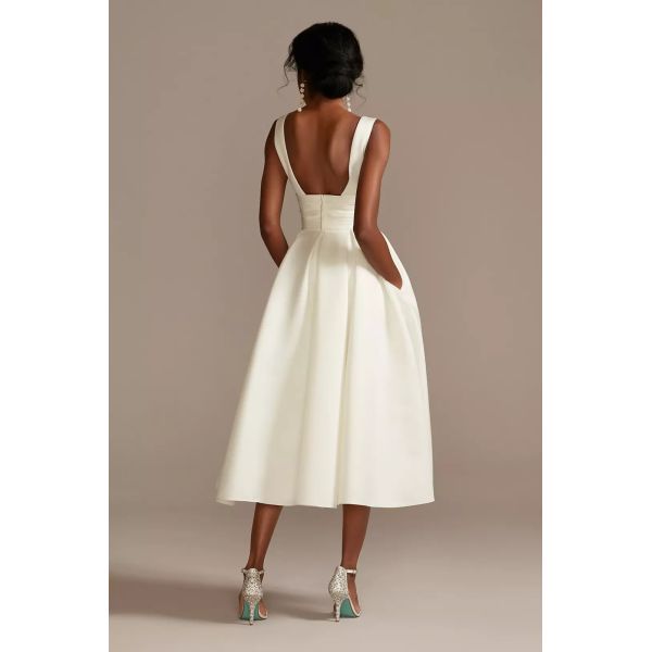 Modern Satin Plus Size V-neck Zipper Tea-length Empire Backless Tank Straps A-line Ivory Satin Midi Wedding Dress