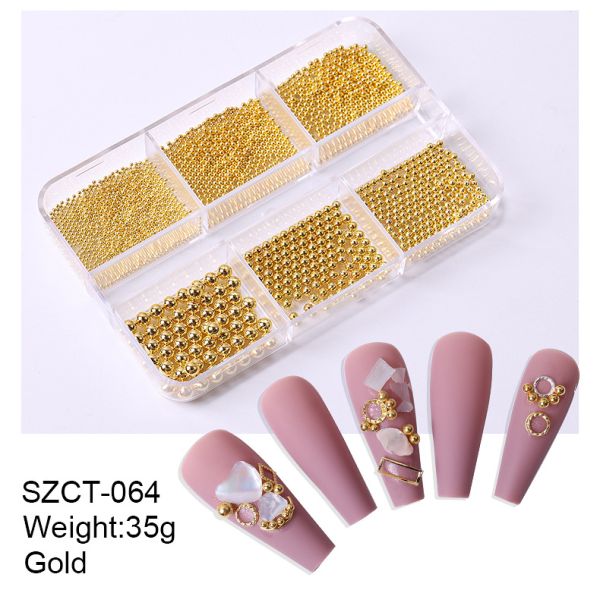 Wholesale 6 Grid Mixed Metal Round Bead nail charms in bulk Small Steel Balls 3d Nail Art Decorations Caviar Bead
