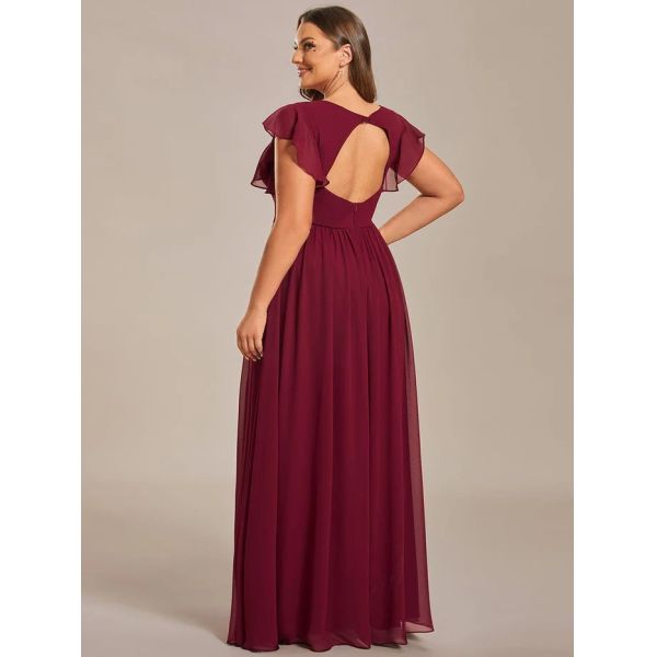 Empire Plus Size V-neck Open Back Ruffled A-line Cap Sleeves Burgundy Chiffon Party Dress