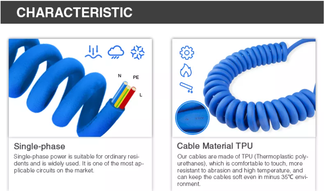 OEM Type 1 To Type 2 EV Cable SAE J1772 Spiral Electric Car Charging Cable