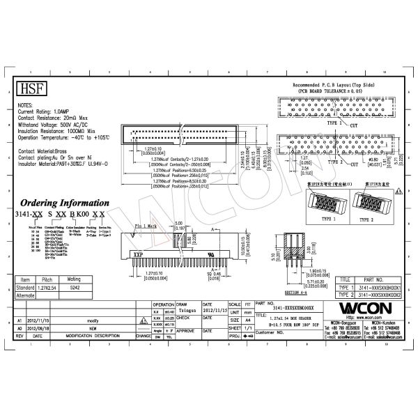 Four Row H=10.5 1.27*2.54 Mm Pitch Box Header Connector straight PA9T black ROHS