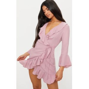 2018 Summer Fashion Women Dusty Pink Frill Tea Dress With Horn Sleeve