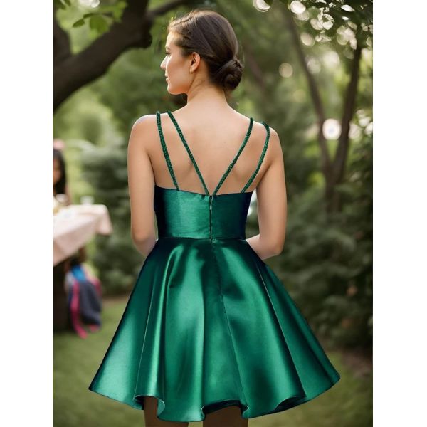 Satin Spaghetti Strap A-line Backless Short Graduation Dress Dark Green