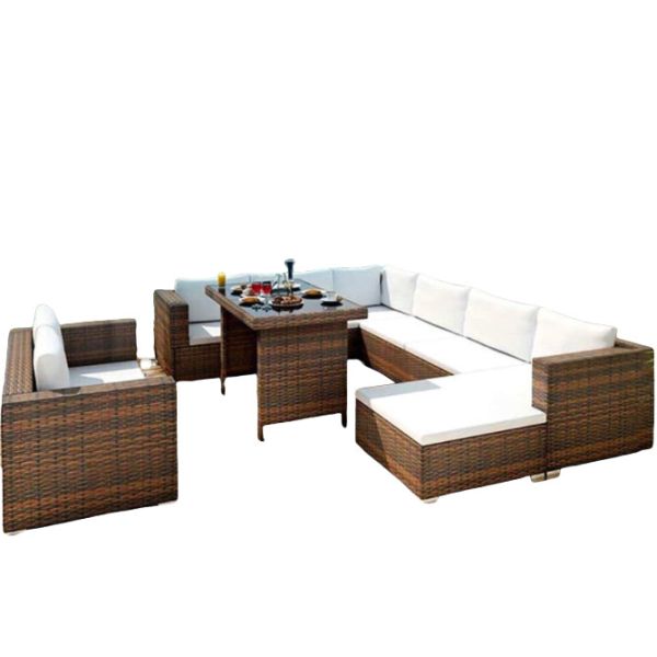 Wicker Rattan Corner Patio Set Garden Modern Home Style Furniture Brown With Fire Pit Table Patio