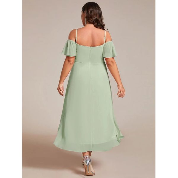 Empire Off-shoulder Spaghetti Strap Zipper High-low Wedding Guest Dresses Short Sleeves Mint Green Chiffon Graduation Dr