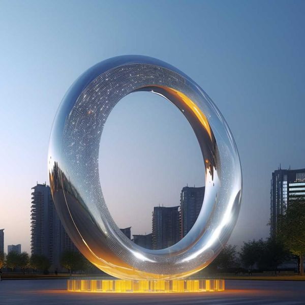 Buy Modern Aesthetics Outdoor Mirrored Stainless Steel Ring Sculpture With Light at wholesale prices