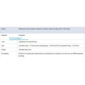 waterproof big container cylinder cosmetic make up bag with 3 mini bags,