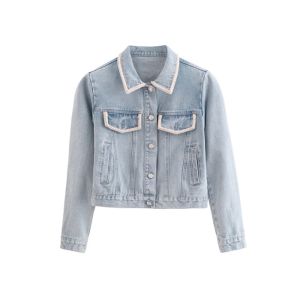 OEM Denim Jacket Women Embelishment Light Wash Trucker Elegant Style