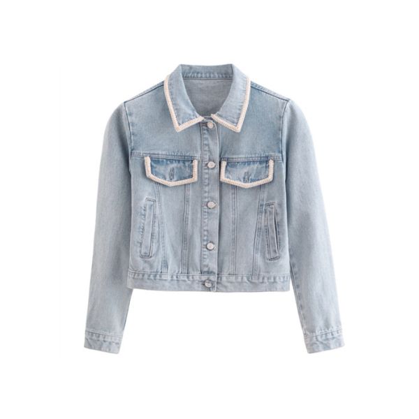 Buy OEM Denim Jacket Women Embelishment Light Wash Trucker Elegant Style at wholesale prices