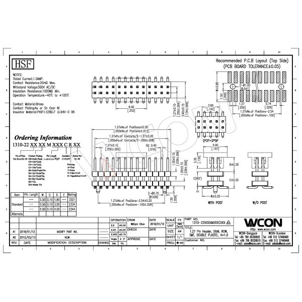 1.27mm Pin Header Connector H=1.0mm SMT Doul Row Double Plastic